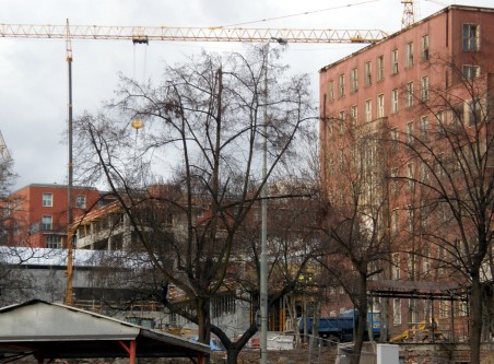 Kampus univerzity J. E. Purkyně - charakteristická kompozice dvou pavilonů bývalé Masarykovy nemocnice (dříve Bezirkkrankenhaus), spodnímu z nich (pavilon A - býv. chirurgie) stále hrozí demolice - mezi nimi roste stavba Multifunkčního informačního a vzdělávacího centra a knihovny od kanceláře SIAL - Foto: Matěj Páral 12/2011 - diskutujte zde